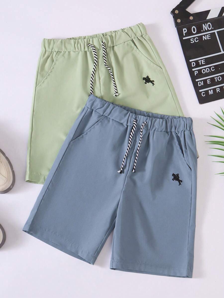 SHEIN 2条装 青少年男童编织骑士刺绣口袋抽绳腰短裤(每种颜色1条) - 彩色 - 查看 1