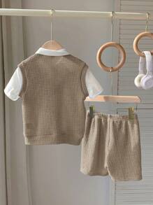 SHEIN Leap Crew 2pcs Young Boys Casual College Style Fashionable Simple Practical Versatile Soft Waffle Fabric Tee With Letter Graphic & Shorts 2 Pieces Set, Breathable Comfortable For Daily Wear, School, Outing, Sports, Spring/Summer - Khaki - View 5