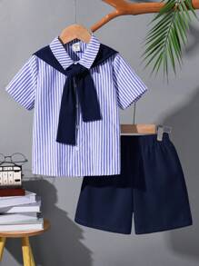 4 件套小男孩夏季可爱条纹短袖衬衫、松紧腰短裤、披肩、绅士套装（配腰带），适合生日派对、晚会、表演、婚礼、返校、度假