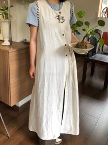 FRIFUL Đầm maxi dài màu trơn cài một hàng khuy dành cho nữ, chất liệu vải lanh. - trắng - Xem 2