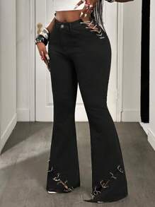 BamGleam Women's Fashionable Casual Sexy Unique Chain & Iron Ring Flare Leg Jeans