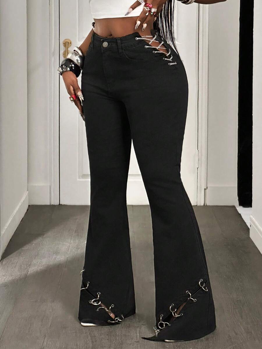 BamGleam Women's Fashionable Casual Sexy Unique Chain & Iron Ring Flare Leg Jeans