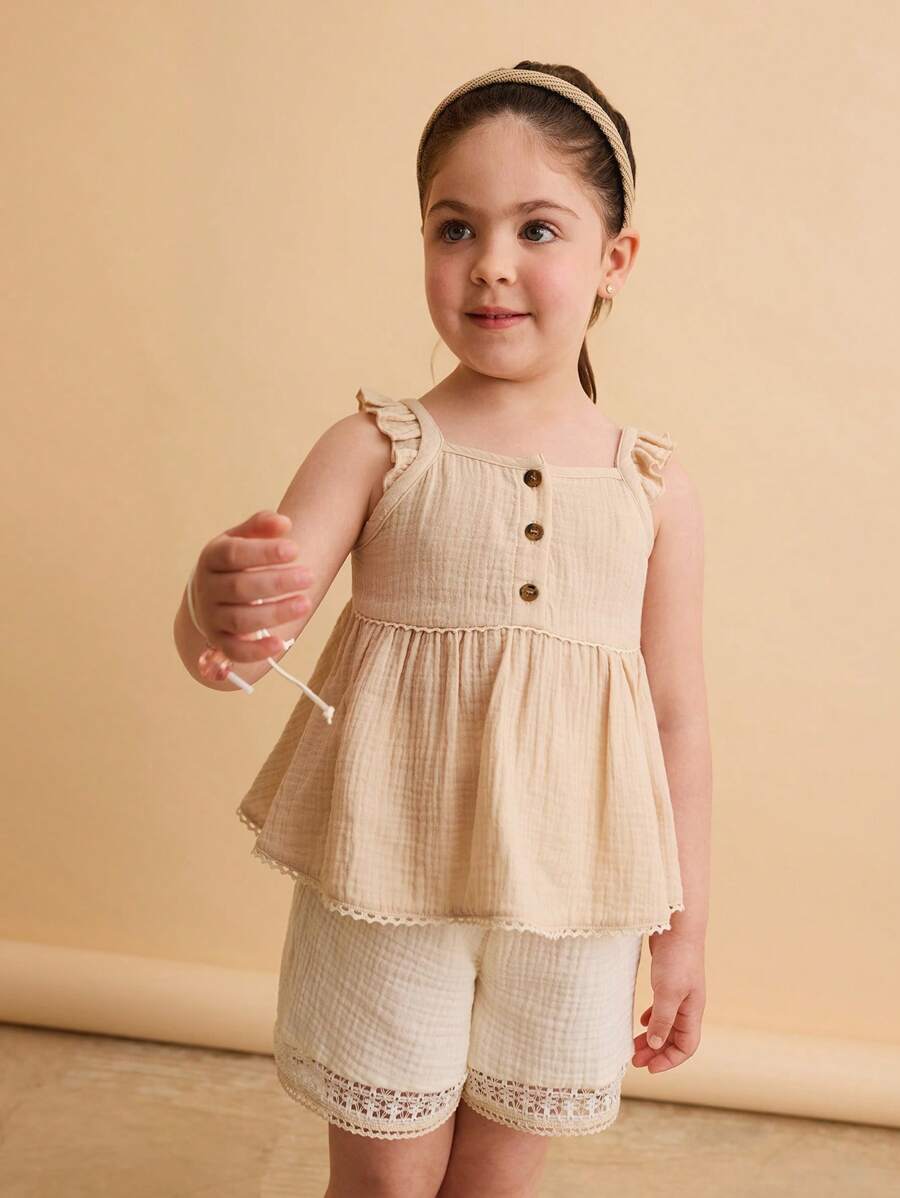 Ontre Young Girl Loose Casual Solid Color Cap Sleeve Tank Top, Summer - Apricot - View 1