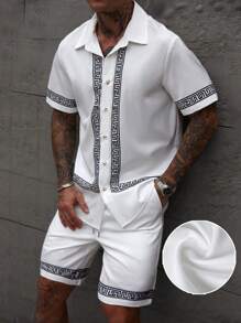 Manfinity Homme Set da 2 pezzi per uomo, composto da camicia a maniche corte con stampa geometrica + pantaloncini con coulisse, tuta unica con motivo boemo, adatta per uso quotidiano e vacanze, ottimo regalo per il tuo ragazzo o marito