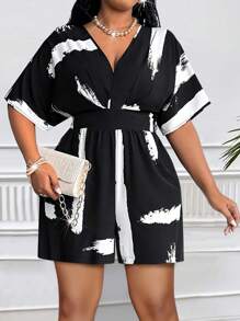 Maweii Bộ đồ liền thân ống rộng tay raglan cổ chữ V in họa tiết đen trắng cỡ lớn cho nữ, thiết kế thời trang cho ngày lễ, lễ hội âm nhạc, trang phục câu lạc bộ, mùa xuân và mùa hè - Đen và trắng - Xem 6