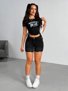 SHEIN ICON Women's Casual Washed Frayed Hem Skinny Denim Shorts - Black - View 3