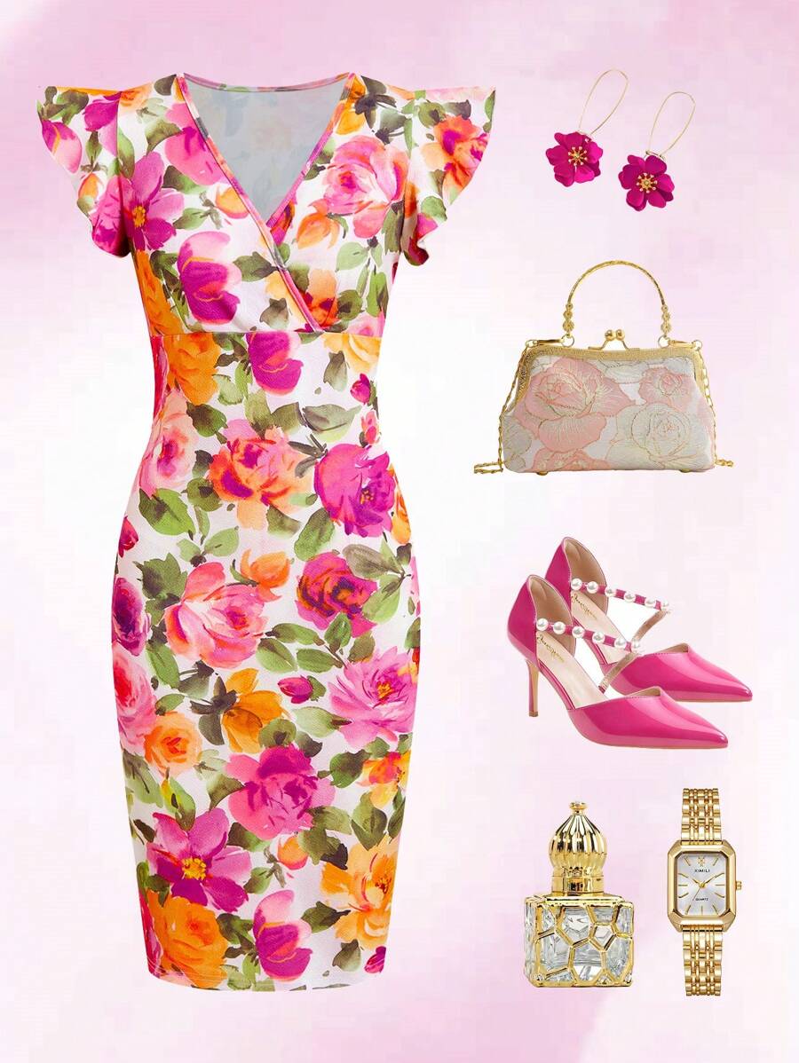 Ellevyn V-Neck Floral Print Cap Sleeve Fitted Dress, Chill Vacation  Springbreak,Engagement Dress,Bohemian Clothes - Multicolor - View 1