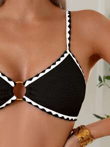 SHEIN Bikini hở lưng 2 mảnh họa tiết vải trơn màu có dây đeo vai viền tròn thiết kế cho nữ đi biển - màu đen - Xem 4