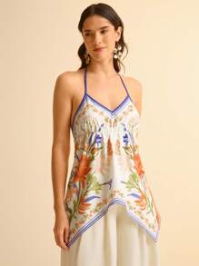 CAJUNI Top de tirantes finos asimétrico con pliegues y estampado floral para mujeres, con espalda descubierta y diseño sexy, para verano