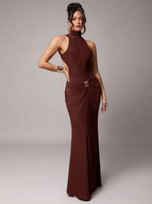 Silquee 女士优雅派对长袖高领性感露背连衣裙，金属扣装饰，酒红色和勃艮第色，弹力针织面料，适合鸡尾酒会、浪漫约会、秋冬分层穿着，适合正式派对、婚礼、伴娘、晚会、万圣节、圣诞节 - 咖啡棕 - 查看 5