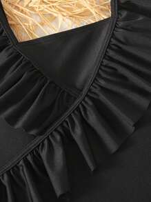 SHEIN Leap Crew Tween Girls Casual Solid Color Adorable Square Neck Crossed Ruffle One-Piece Swimsuit - Black - View 3