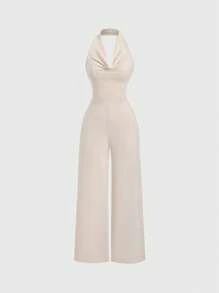 SHEIN PETITE Spring & Summer Sleeveless Turtleneck Knitted Slim Fit Straight Leg Jumpsuit Pants For Petite Women - Apricot - View 1