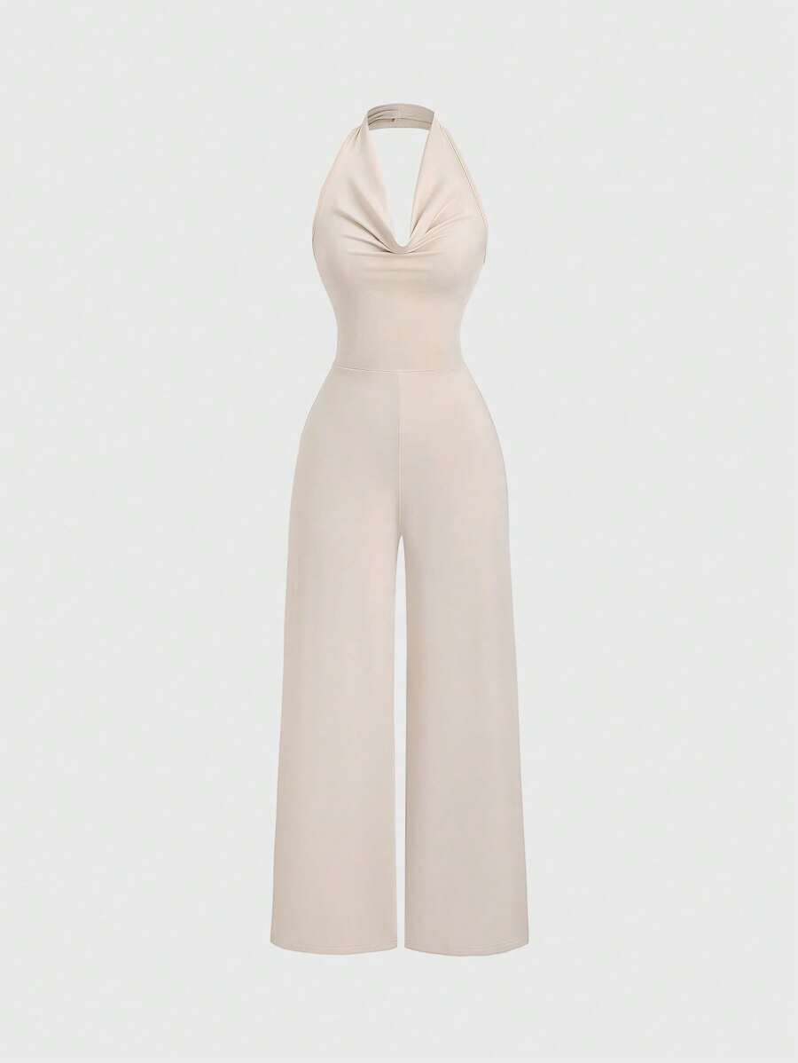 SHEIN PETITE Spring & Summer Sleeveless Turtleneck Knitted Slim Fit Straight Leg Jumpsuit Pants For Petite Women - Apricot - View 1