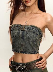INAWLY Fashionable Washed Frayed Hem Cropped Denim Bustier Top - Dusty Blue - View 8