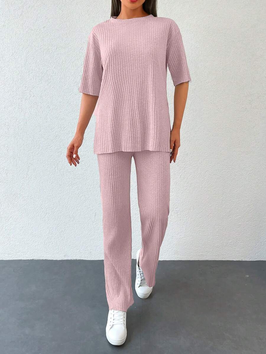 EURMUSE Dwuczęściowy komplet damski z dzianiny bawełnianej w jednolitym kolorze, z krótkim rękawem i długimi spodniami