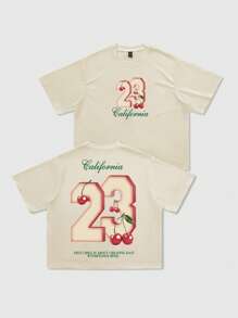 ROMWE MEN Casual Herren Y2K Streetwear T-Shirt mit US Stadt-Namen Slogan & Kirsch-Frucht-Aufdruck, geeignet für Frühlings- und Sommertage - Khaki - Übersicht 6