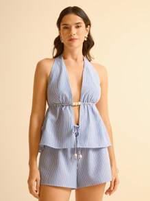 CAJUNI 女式夏季波西米亚风热带度假海滩蓝白条纹串珠装饰露背背心 - 彩色 - 查看 4