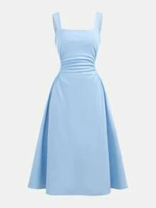 SHEIN Girlism Váy hai dây cổ vuông đơn sắc thanh lịch cho bé gái tuổi teen - Màu xanh nhạt - Xem 5