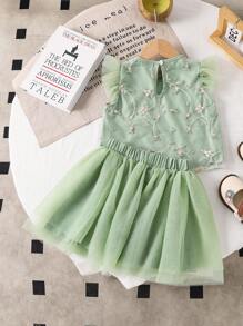 2pcs/Set Girl Toddler Floral Embroidery Ruffled Cap Sleeve Top And Mesh Skirt Set, Sweet Fashion Versatile Summer Outfit Suitable For Parties And Vacations