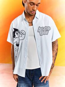 Astro Boy X SHEIN Men's Striped And Cartoon Print Front Button Casual Short Sleeve Shirt - White - View 5