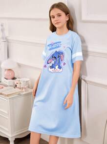 SHEIN Robe longue décontractée pour filles, col rond, manches courtes, imprimé lapin bleu et rayures blanches, en tissu tricoté, vêtement de nuit confortable - Bleu azur - Voir 3