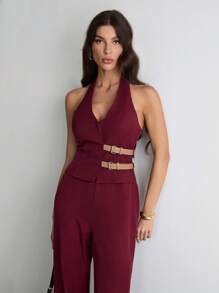 SHEIN Tall 女款時尚可調節側扣掛脖上衣與長褲兩件套，適合高個女性 - 酒紅色 - 查看 4