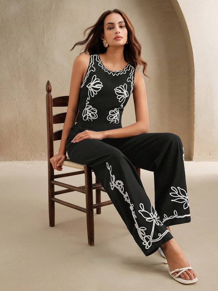 Vintage Kokosnussbaum bestickte ärmellose Hosenanzug, eleganter lässiger Sommer Festival Urlaubs Strand Boho Chic Stil