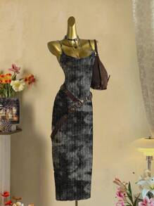 Attitoon 休闲简约扎染图案印花修身长裙，适合夏季