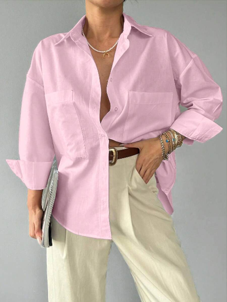 EURMUSE Women's Solid Color Pocket Front Button Casual Loose Long Sleeve Shirt - Pink - View 1