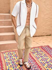 Manfinity VCAY Casual Men's Woven Shirt And Print Drawstring Shorts Set - White - View 3