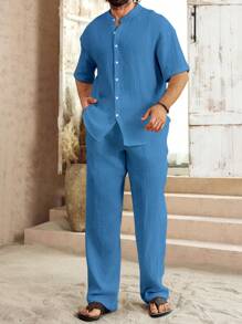 Manfinity RSRT Manfinity Nomadique 棉质男士休闲纯色衬衫和裤子套装，极简主义时尚日常休闲装，男士两件套服装，白色男士套装，男朋友礼物 S 夏季男士两件套休闲两件套男士两件套休闲男士两件套 - 藍色 - 查看 5