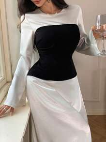 DAZY Damen Rundhals Langarm einfarbiges Midi-Kleid, Herbst - Schwarz und Weiss - Übersicht 1