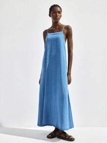 Maija 女士蓝色牛仔吊带裙，休闲商务度假露背优雅连衣裙 - 淺色水洗藍 - 查看 6