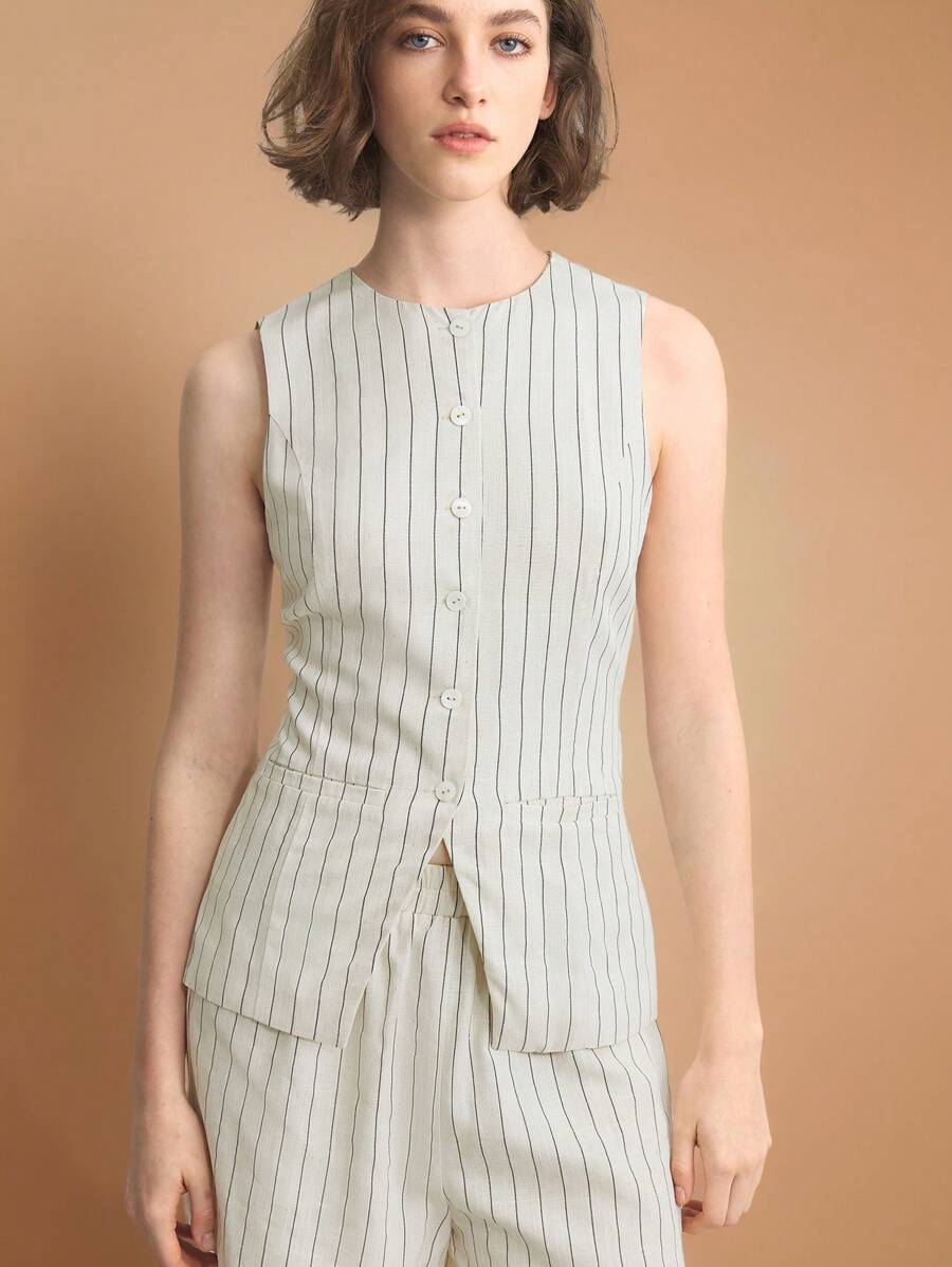 Ontre Bộ vest sọc một hàng khuy 2 chiếc có túi và quần short, dành cho trang phục công sở thường ngày đi làm, Xuân/Hè 2025 - Màu be - Xem 1