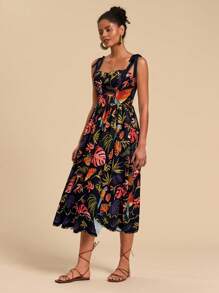 Travachic 女士热带椰子树图案中长连衣裙