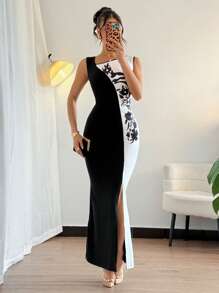 Chiquease Women's Elegant Pleated Patchwork Long Dress - Black and White - View 4