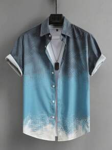 Manfinity Homme Men's Ombre Color Front Button Digital Print Short Sleeve Shirt