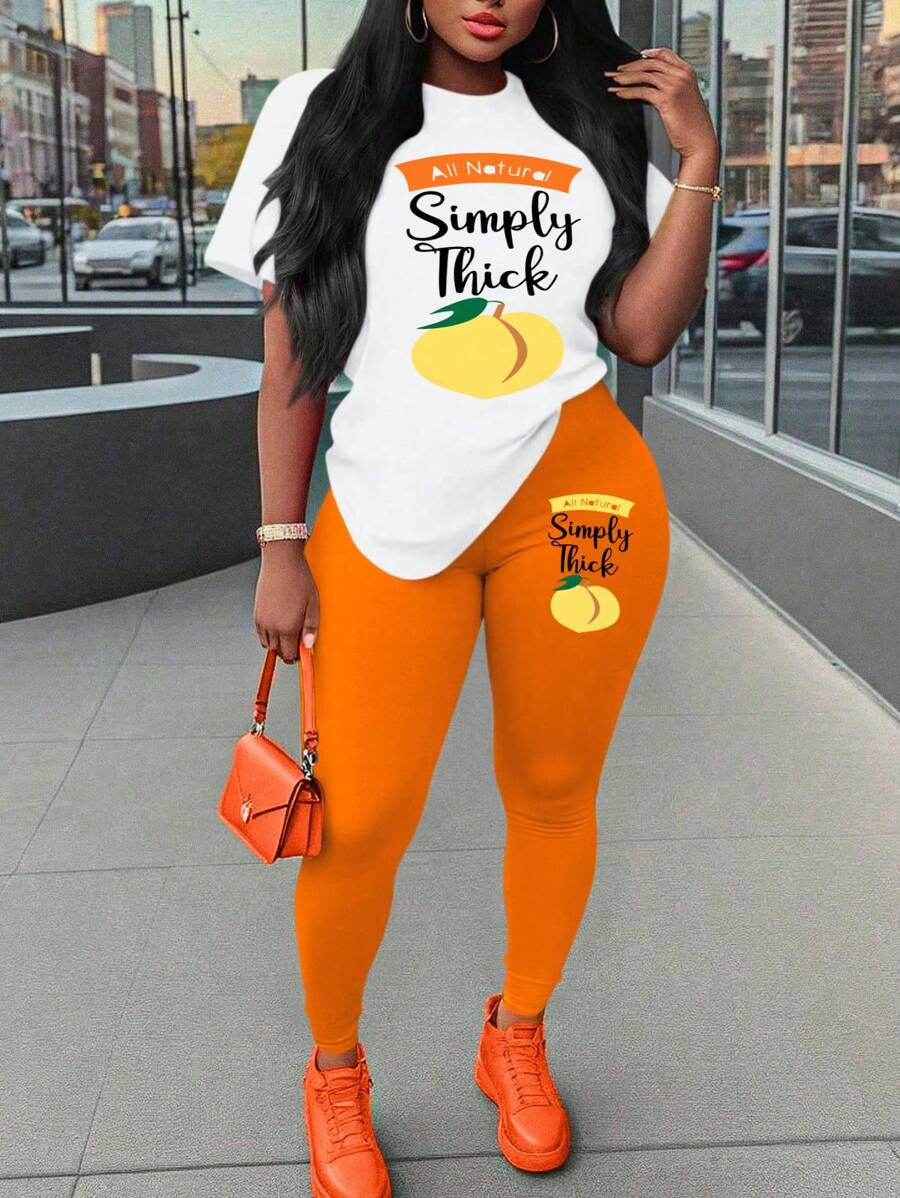 Maweii Plus Size 2pcs Short Sleeve Round Neck T-Shirt And Pants Set, Minimalist Style Suitable For Summer - Multicolor - View 1