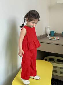 SHEIN Set Rompi dan Celana Merah untuk Bayi Perempuan, Tampilan Liburan yang Menggemaskan - Merah - View 5