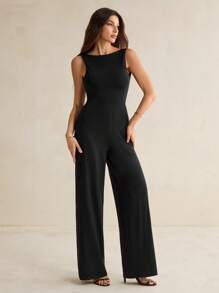 SHEIN Tall Bộ đồ liền thân ống rộng không dây buộc nơ hở lưng màu đen thanh lịch mùa xuân và mùa hè, trang phục hẹn hò hàng ngày, trang phục dự tiệc, trang phục lót thanh lịch cho phụ nữ, trang phục đi chơi, bộ đồ liền thân bất đối xứng, bộ đồ liền thân ngày lễ tình nhân, bộ đồ liền thân hàng ngày, bộ đồ liền thân thanh lịch - màu đen - Xem 2