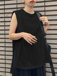 FRIFUL Tricou asimetric fără mâneci cu tiv despicat pentru femei, top casual