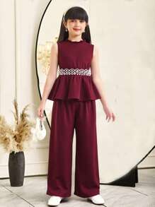 SHEIN Leap Crew Tween Girl Elegant Ruffle Collar Sleeveless Rhinestone Decorated Top And Pants 2Pc Set - Red - View 1