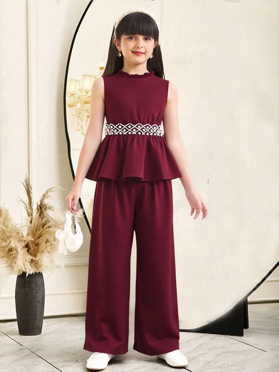 SHEIN Leap Crew Tween Girl Elegant Ruffle Collar Sleeveless Rhinestone Decorated Top And Pants 2Pc Set - Red - View 1