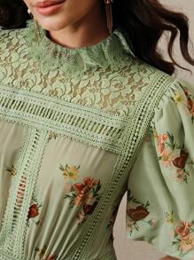 Anewsta 女式优雅休闲印花撞色蕾丝泡泡袖摆裙 - 綠色 - 查看 2