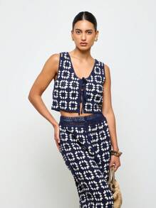 AiiRZ Crochet Knit Waistcoat And Flared Trousers Set