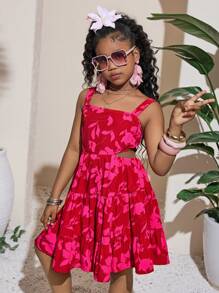 SHEIN Vestido de verano con estampado floral, escote halter y cintura recortada para niña preadolescente, vestidos rojos - Rojo - Ver 4