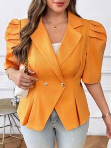 SHEIN Clasi Plus Size Women Elegant Orange Short Sleeve Metal Buttoned Puff Sleeve Blazer , Summer For Women - Orange - View 4