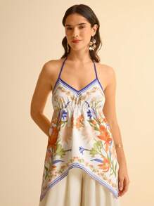 CAJUNI Top de tirantes finos asimétrico con pliegues y estampado floral para mujeres, con espalda descubierta y diseño sexy, para verano