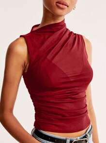 Siren Gaze Red Mesh Draped Round Neck Top, Mesh See-Through Blouse, Outerwear Shirt For Women Christmas Thanks Giving Summer New Year Casual Valentine's Day - Red - View 6