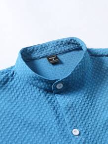 Manfinity Homme Áo sơ mi nam tay ngắn, đơn hàng khuy đơn màu, thường ngày, đi làm, áo sơ mi nam, áo sơ mi nam dáng ôm, áo sơ mi nam thường ngày, áo sơ mi mùa hè cho nam - Xanh đậm - Xem 4